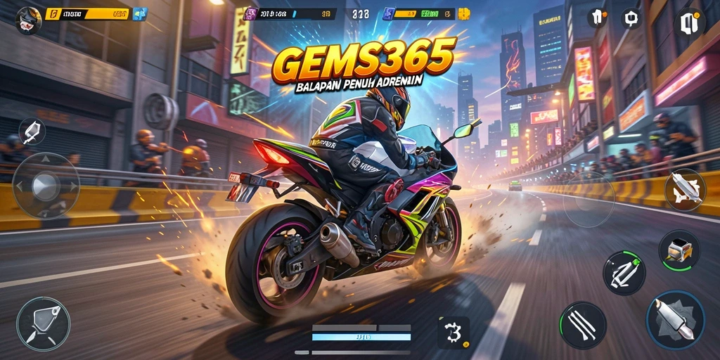 Tampilan gameplay balapan motor yang mendebarkan di GEMS365.
