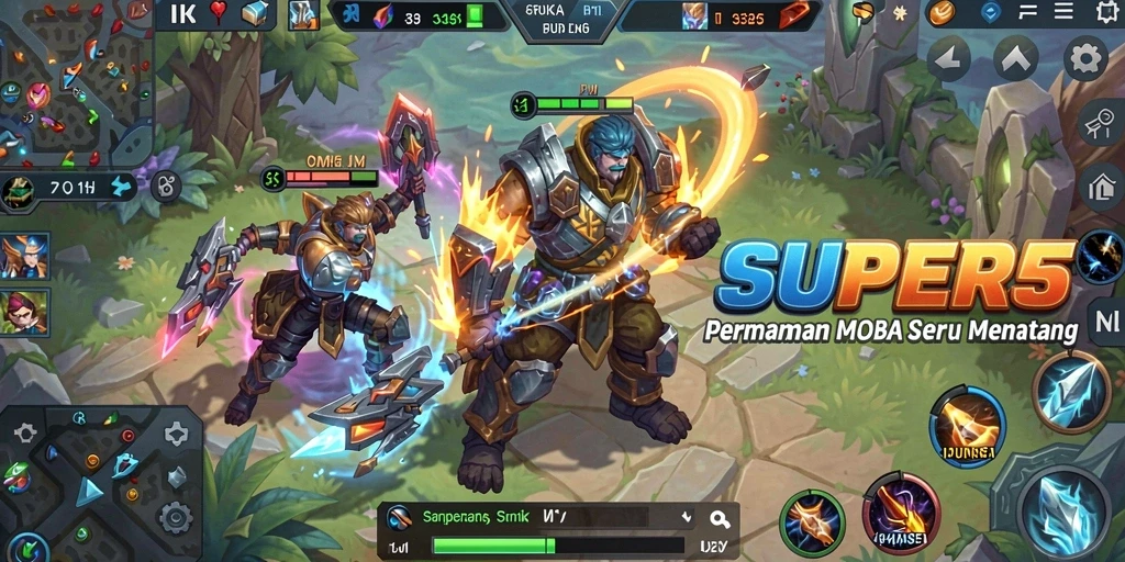 Tampilan gameplay <strong>SUPER5</strong> yang menegangkan dalam pertempuran MOBA.